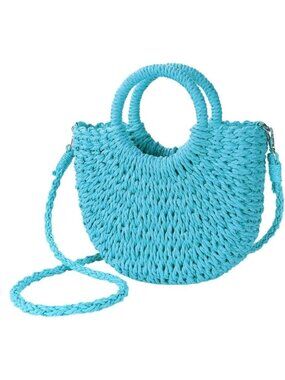 Woven Straw Beach Bag for Womem Top Handle Blue Crossbody and Shoulder Strap